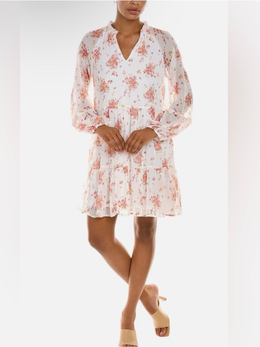 Vince Camuto Tiered Floral Pink, White Mini Dress Size XS Oversized